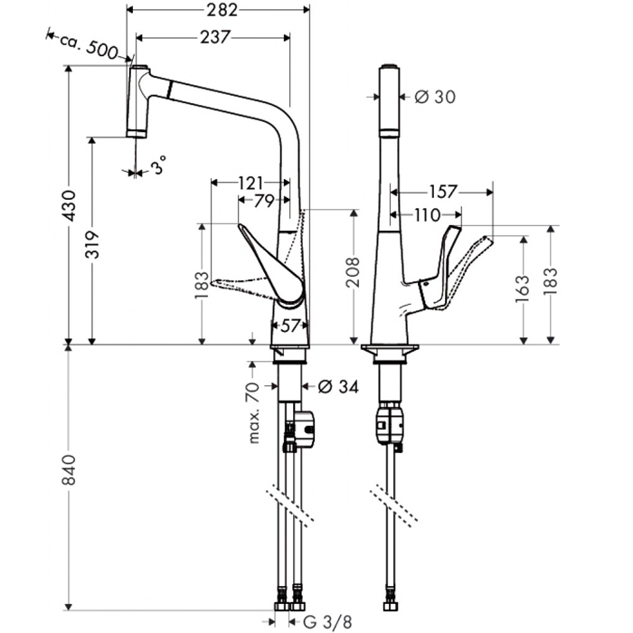 Hansgrohe Metris Смеситель  для кухни на 1 отв, поворотный и выдвижной излив 2jet, цвет: хром 14820000