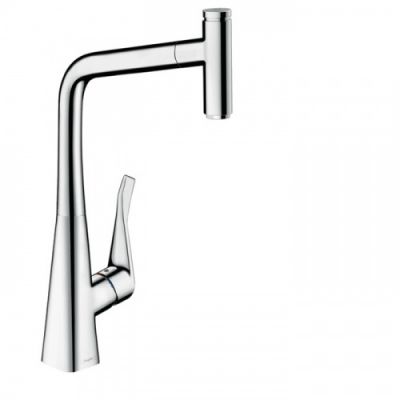 Hansgrohe Metris Select M71 Смеситель для кухни, на 1 отв, поворотный излив: 23.5см с вытяжным душем, 1jet, h: 33.3см, sBox, кнопка вкл/выкл, цвет: хром 73803000