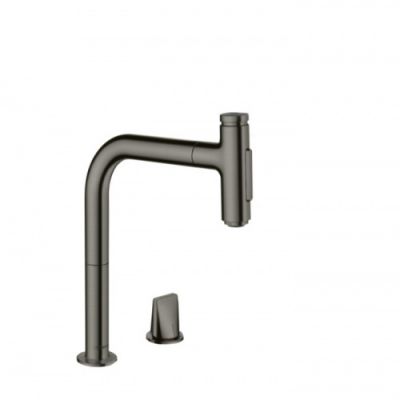 Hansgrohe Metris Select Кухонный смеситель 200, на 2 отв, с вытяжным изливом 2jet, цвет: шлифованный черный хром 73818340