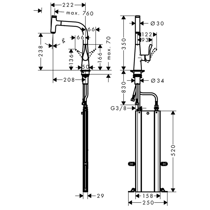 Hansgrohe Metris Select M71 Смеситель для кухни, на 1 отв, поворотный излив 22.2см с вытяжным душем, 1jet, h23.8см, sBox, кнопка вкл/выкл, цвет: нержавейка 73802800