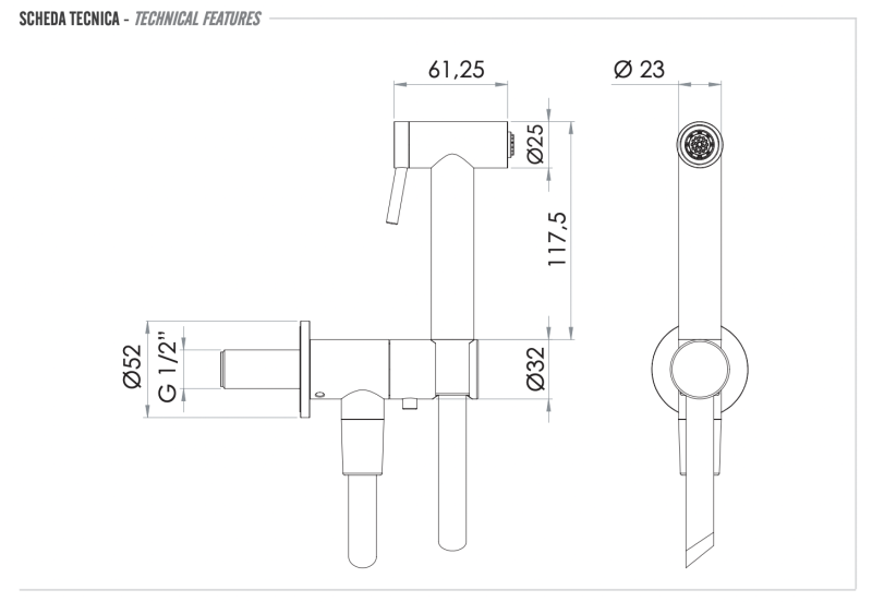 Гигиенический комплект с запорным вентилем Remer X Style INOX SS338M332ON, нержавеющая сталь