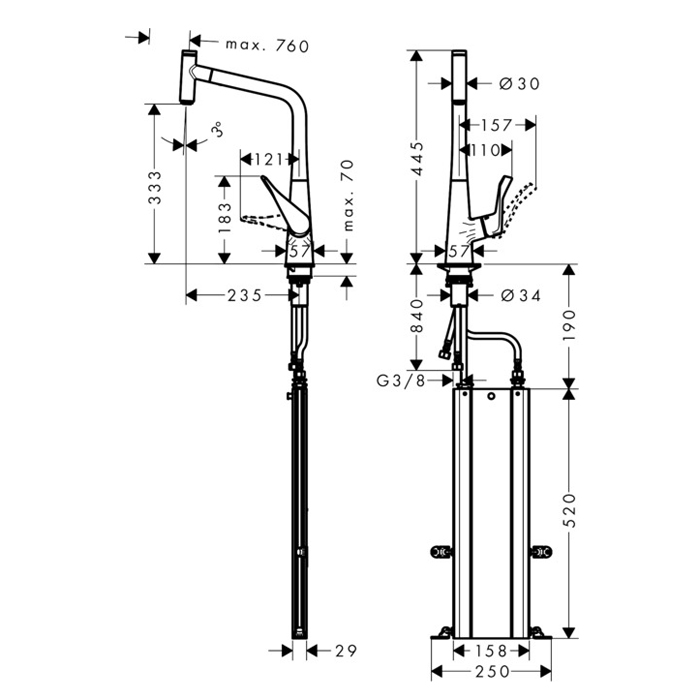 Hansgrohe Metris Select M71 Смеситель для кухни, на 1 отв, поворотный излив: 23.5см с вытяжным душем, 1jet, h: 33.3см, sBox, кнопка вкл/выкл, цвет: хром 73803000
