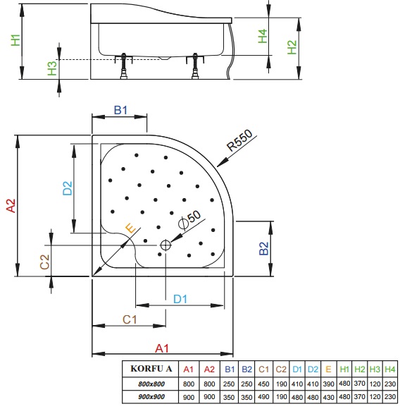Поддон высокий 800x800 Radaway Korfu A 4S88400-03