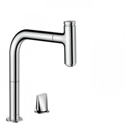 Hansgrohe Metris Select M71 Смеситель для кухни, на 2 отв, поворотный излив: 22.1см с вытяжным душем, 1jet, h:20.8см, sBox, кнопка вкл/выкл, цвет: хром 73804000
