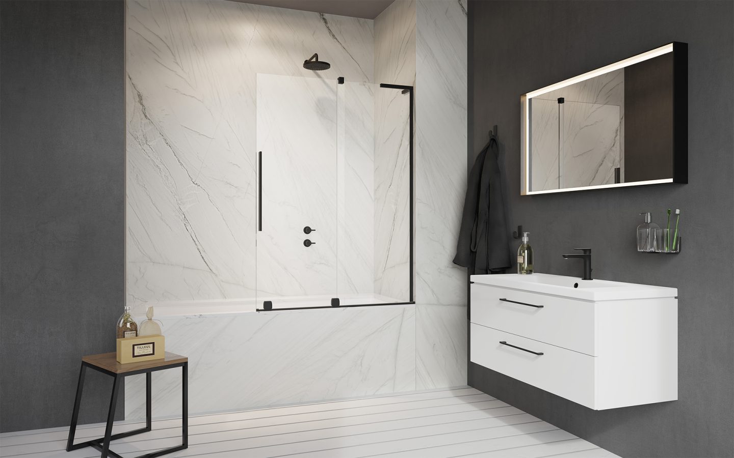 Шторка на ванну 100 см Radaway Furo SL Black PND III раздвижная правая, профиль чёрный матовый