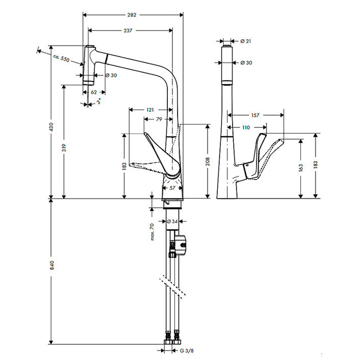Hansgrohe Metris Смеситель  для кухни на 1 отв, поворотный и выдвижной излив 2jet, цвет: сталь 14820800