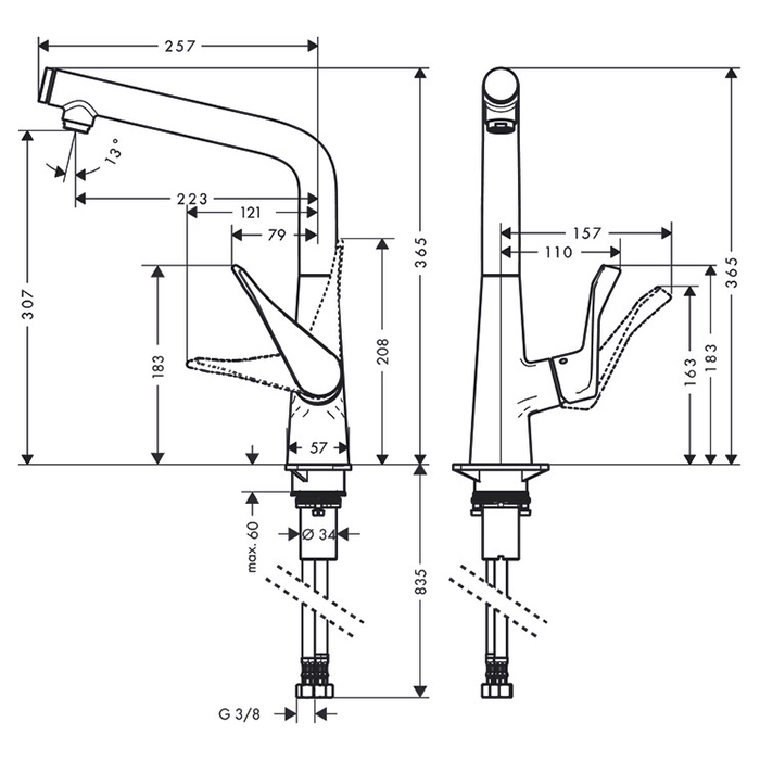 Hansgrohe Metris Select Смеситель  для кухни на 1 отв, поворотный излив, кнопка вкл/выкл воды, цвет: сталь 14883800