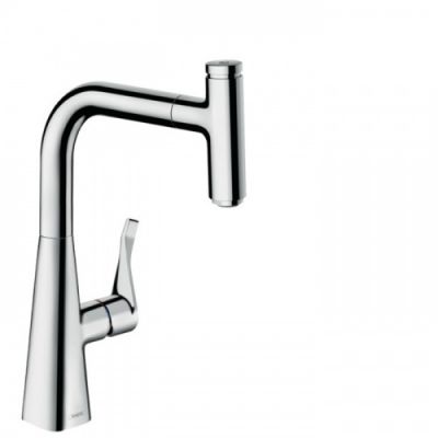 Hansgrohe Metris Select M71 Смеситель для кухни, на 1 отв, поворотный излив 22.2см с вытяжным душем, 1jet, h23.8см, sBox, кнопка вкл/выкл, цвет: хром 73802000