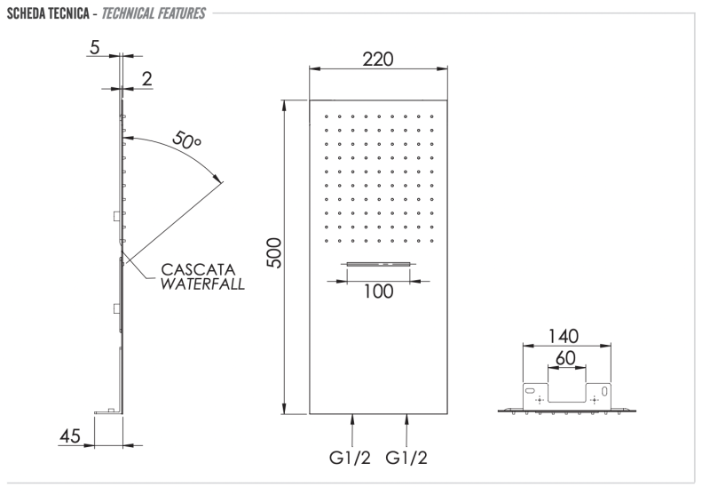 Верхний душ настенный 50x22 см Remer INOX SS350UFCAX нерж. сталь